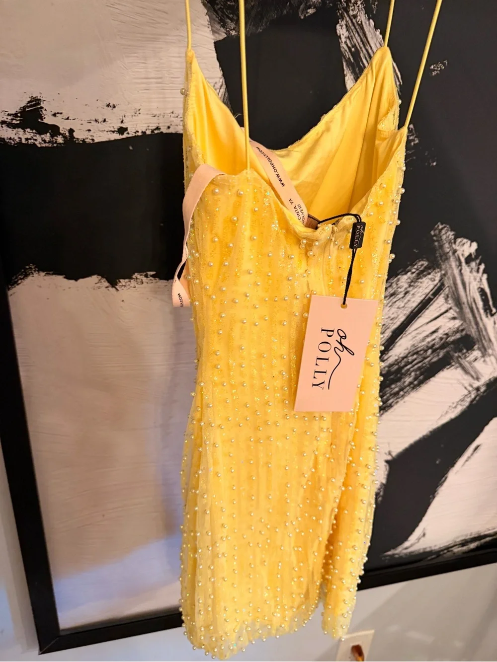 Oh Polly Yellow Beaded Spaghetti Strap Mini Dress - Picture 4 of 5